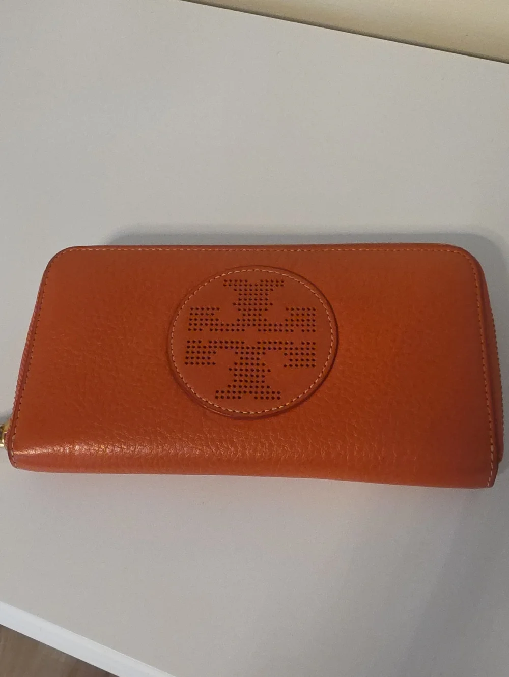 Tory Burch Orange Leather Zip Wallet with Logo Detail